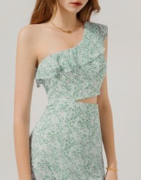 One-Shoulder Floral Slit Maxi Long Dress (With Padding)