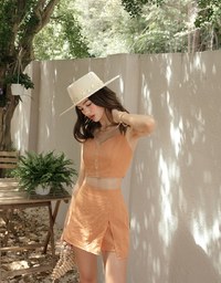 Texture Pattern Thin Strap Button Top + Skorts Set Wear