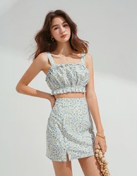 Summer Ditsy Floral Crop Top Skirt Suit