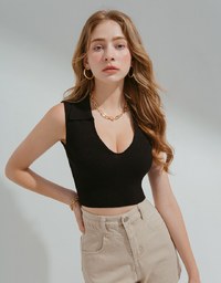 Avant-Garde Deep V Lapel Knit Crop Top