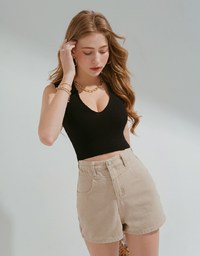 Avant-Garde Deep V Lapel Knit Crop Top
