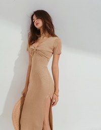 Hollow Wrinkled SideSlit Knit Long Dress