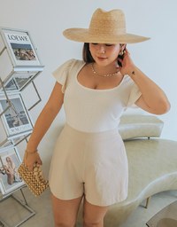 U Neck Woven Ruffle Sleeve Crop Top