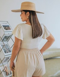 U Neck Woven Ruffle Sleeve Crop Top