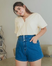 V-Neck Shoulder Gripping Pleats Under The Draw Tied Button Fastening Top