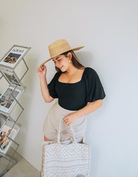Square Neck Balloon Sleeve Knit Crop Top