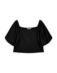 Square Neck Balloon Sleeve Knit Crop Top