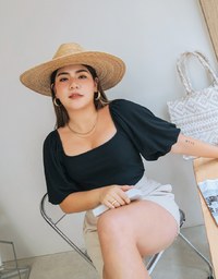 Square Neck Balloon Sleeve Knit Crop Top