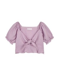Fine Checkered Front Knot Puff Sleeve Crop Top
