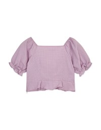 Fine Checkered Front Knot Puff Sleeve Crop Top