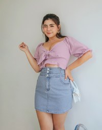 Fine Checkered Front Knot Puff Sleeve Crop Top