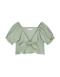 Fine Checkered Front Knot Puff Sleeve Crop Top