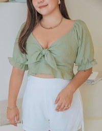 Fine Checkered Front Knot Puff Sleeve Crop Top