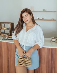 Sheer Gingham Hem Drawstring Pocket Blouse Shirt