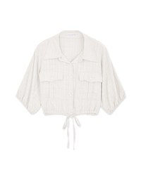 Sheer Gingham Hem Drawstring Pocket Blouse Shirt