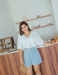 Sheer Gingham Hem Drawstring Pocket Blouse Shirt