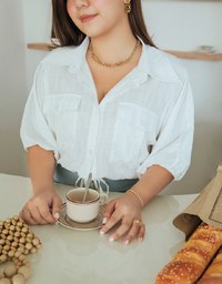 Sheer Gingham Hem Drawstring Pocket Blouse Shirt