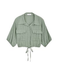 Sheer Gingham Hem Drawstring Pocket Blouse Shirt