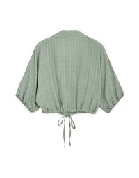 Sheer Gingham Hem Drawstring Pocket Blouse Shirt