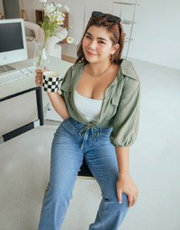 Sheer Gingham Hem Drawstring Pocket Blouse Shirt