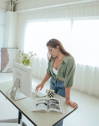 Sheer Gingham Hem Drawstring Pocket Blouse Shirt