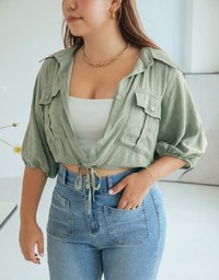 Sheer Gingham Hem Drawstring Pocket Blouse Shirt