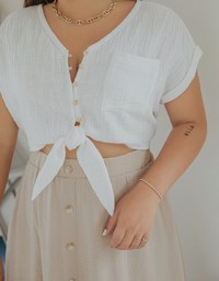 Crinkled Front-Tie Sleeveless Crop Cotton Top
