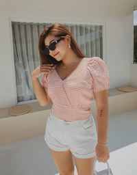 American Style Gingham Puff Sleeve Crop Top