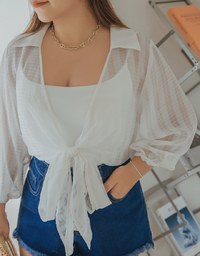 Striped Tie-Ribbon Sheer Crop Blouse Shirt