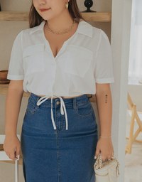 Double Pockets Waist Drawstring Crop Blouse Shirt