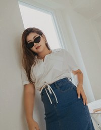 Double Pockets Waist Drawstring Crop Blouse Shirt