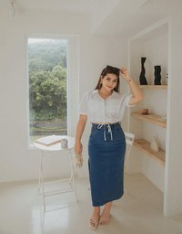 Double Pockets Waist Drawstring Crop Blouse Shirt