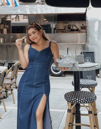 Thin Strap Tailored Slit Denim Jeans Maxi Dress