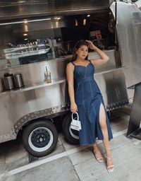 Thin Strap Tailored Slit Denim Jeans Maxi Dress