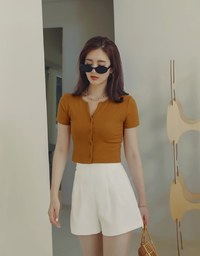 Waffle V-Notch Buttoned Top