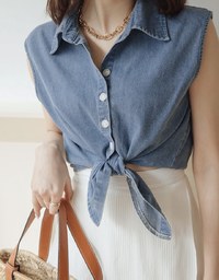 Iconic Front-Tie Denim Jeans Sleeveless Blouse Shirt