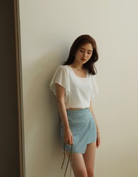 Square Neck Ruffle Sleeve Waist Drawstring Top