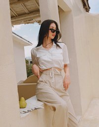 Double Pockets Waist Drawstring Crop Blouse Shirt