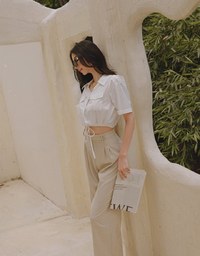 Double Pockets Waist Drawstring Crop Blouse Shirt
