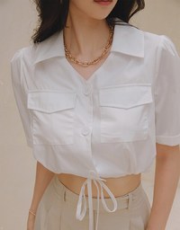 Double Pockets Waist Drawstring Crop Blouse Shirt