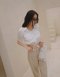 Double Pockets Waist Drawstring Crop Blouse Shirt