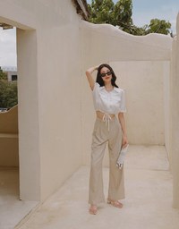 Double Pockets Waist Drawstring Crop Blouse Shirt