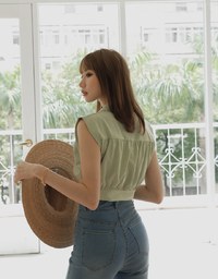 Smart Casual Sleeveless Lapel Crop Blouse Shirt