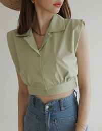 Smart Casual Sleeveless Lapel Crop Blouse Shirt