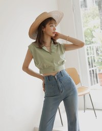Smart Casual Sleeveless Lapel Crop Blouse Shirt