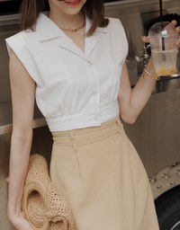 Smart Casual Sleeveless Lapel Crop Blouse Shirt