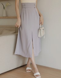 High Waisted Double Thin Belt Slit Maxi Skirt