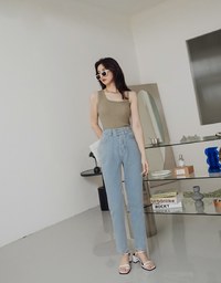 Double Button High Waisted Denim Jeans Slim Fit Pants