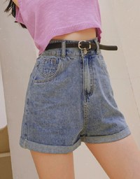 High Waisted Roll Up Denim Jeans Shorts (With Belt)
