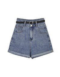 High Waisted Roll Up Denim Jeans Shorts (With Belt)